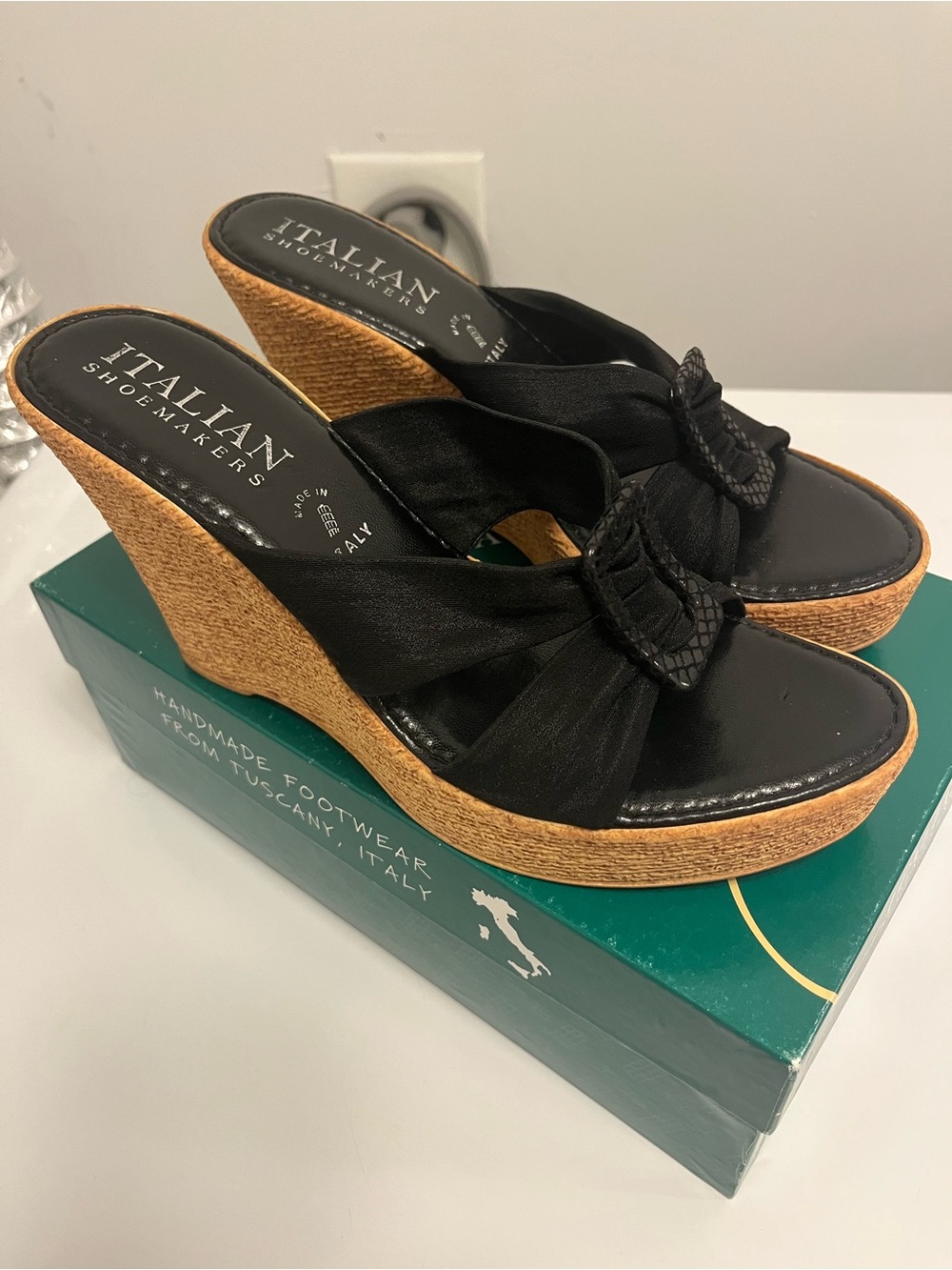 Italian Shoemakers Black and Tan Wedge Sandals